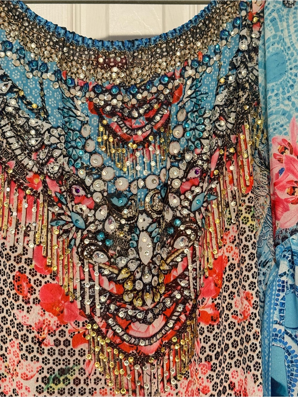 Embellished Boho Necklace-Print Scarf Top in Coral & Turquoise